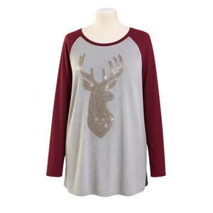 Cozy Moa Moa Womens Plus 3X Gray/Maroon Sequined Buck Deer Popover Cabin Top